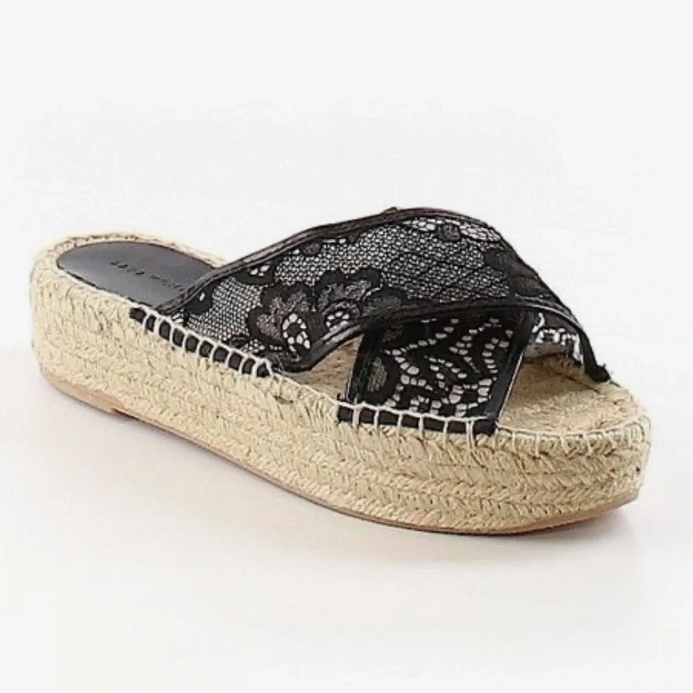 Zara Black Lace Crisscross Espadrille Woven Jute Platform Slide Sandals